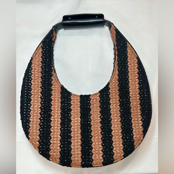 Staud Raffia Moon Tote, Black Leather & Tan Woven Bag - Picture 4 of 12